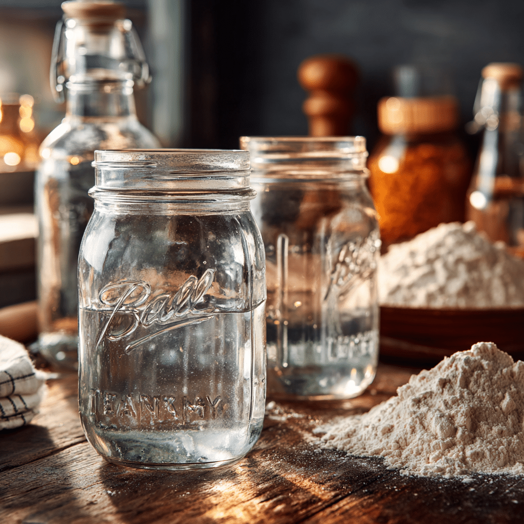 Moldy Sourdough Starter: 5 Warning Signs You Must Never Ignore 6 Clean glass jars and flour on wooden kitchen counter for sourdough starter