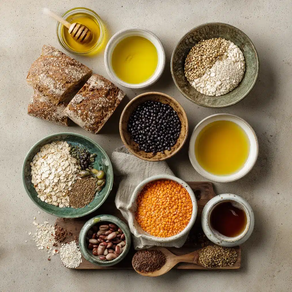 Ezekiel Bread Recipe – 1 Ancient Loaf With Surprising Modern Health Perks 6 ezekiel bread ingredients laid out