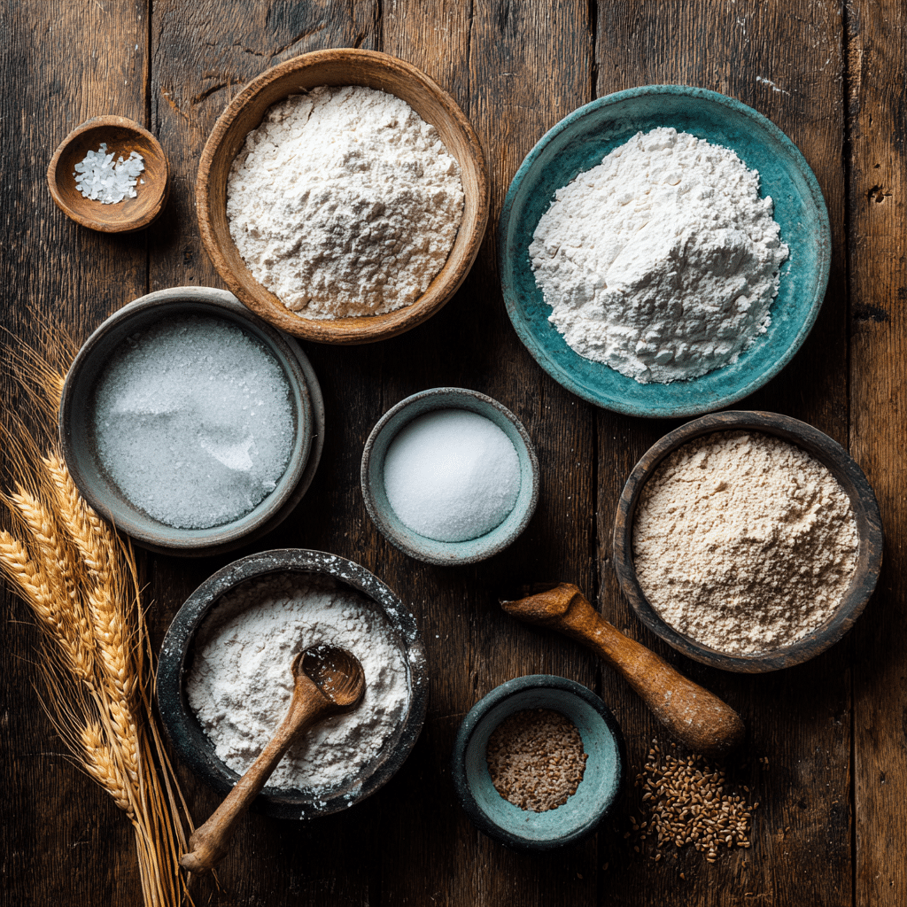 Izzio Sourdough Bread Review: 5 Honest Truths You Need To Know 7 Organic sourdough ingredients including wheat, rye flour, water, and sea salt in bowls
