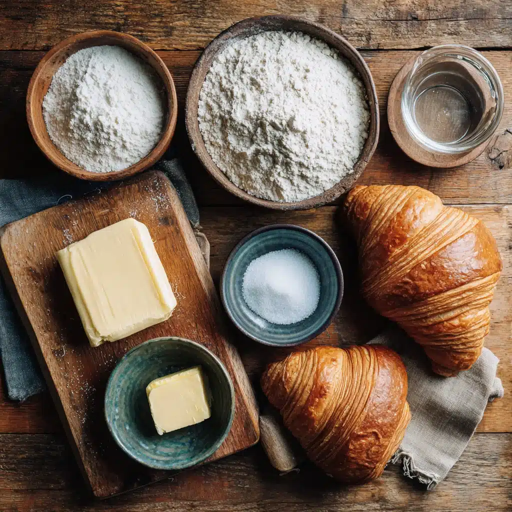 Easy Croissant Sourdough Bread Recipe – 7 Steps to Irresistible Layers 7 Ingredients for easy croissant sourdough bread recipe on wooden counter