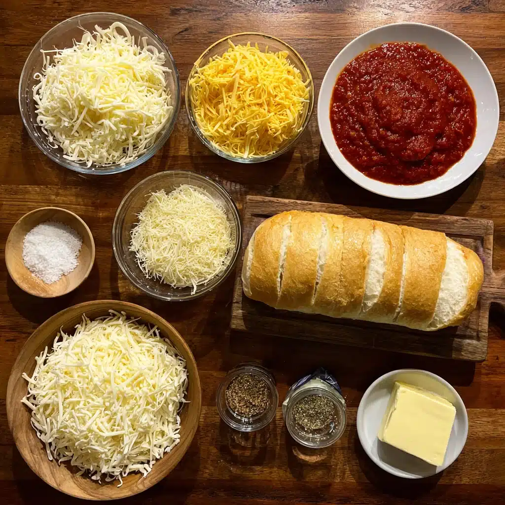 Garlic Bread Lasagna Recipe , Stunning 3-Layer Cheesy Comfort 7 Garlic bread lasagna ingredients laid out on wooden surface