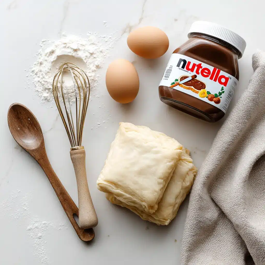 3-Ingredient Nutella Croissants , Stunning Easy Recipe in 30 Min 7 Puff pastry, Nutella, and egg displayed as 3-ingredient croissant setup