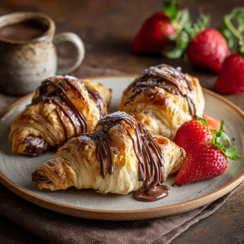 3-Ingredient Nutella Croissants , Stunning Easy Recipe in 30 Min 9 Nutella croissants on plate with strawberries and chocolate drizzle
