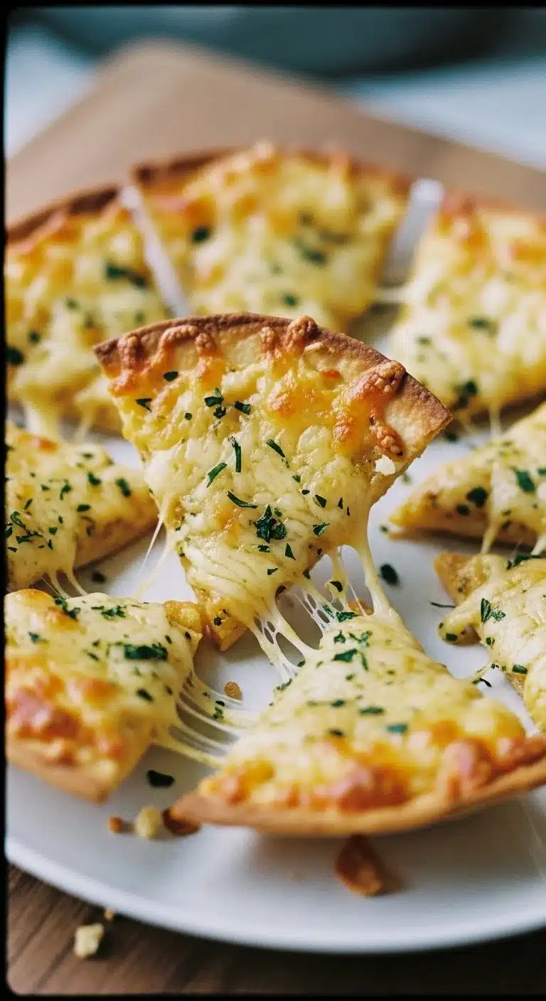 Air Fryer Cheesy Tortilla Garlic Bread 1 Air Fryer Cheesy Tortilla Garlic Bread with melted cheese and garlic herbs