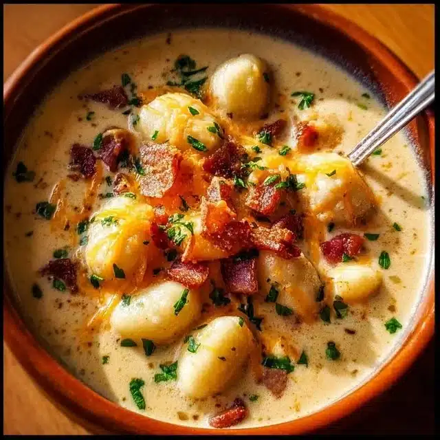 Bacon Cheddar Gnocchi Soup 1 Bacon Cheddar Gnocchi Soup served in a bowl, garnished with herbs and bacon bits