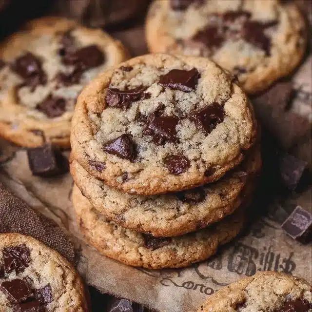 Brown butter sourdough discard chocolate chip cookies on a plate.