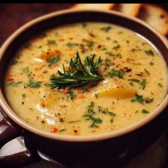 Cheddar Garlic Herb Potato Soup 1 Delicious Cheddar Garlic Herb Potato Soup garnished with fresh herbs