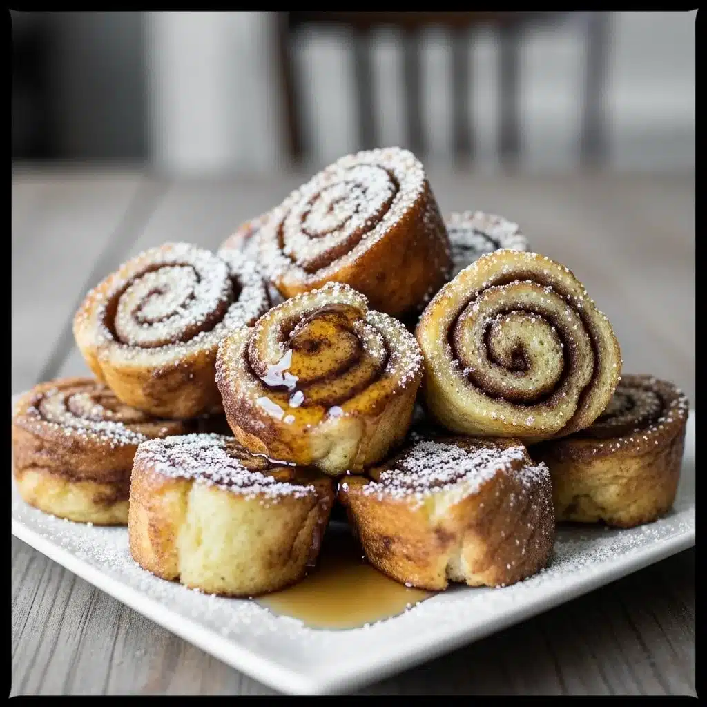 Cinnamon Roll French Toast Bites 1 Delicious Cinnamon Roll French Toast Bites served on a plate with syrup