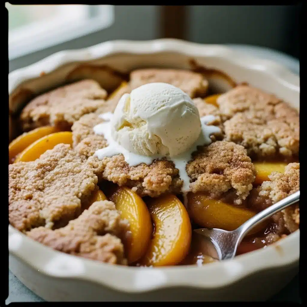 Classic Southern Peach Cobbler 2 Delicious classic Southern peach cobbler served warm with vanilla ice cream.