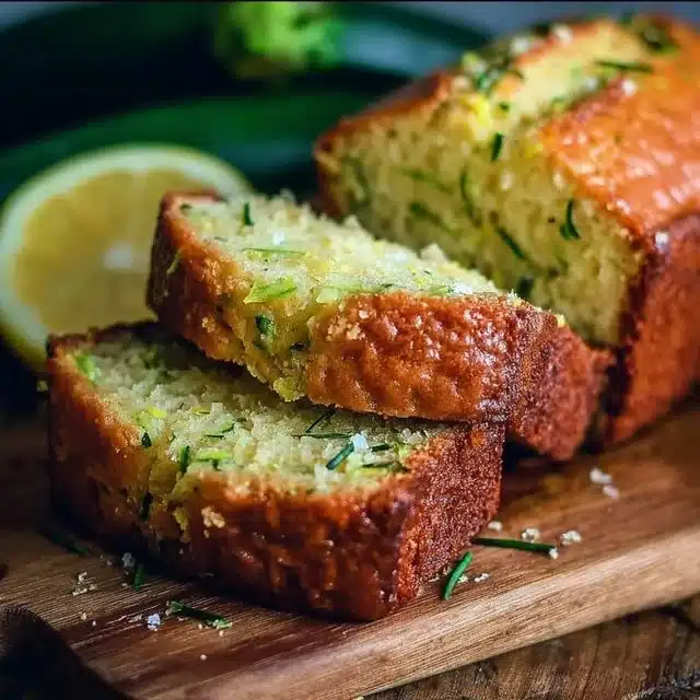 Easy Lemon Zucchini Bread 1 Sliced easy lemon zucchini bread on a wooden board with lemon slices
