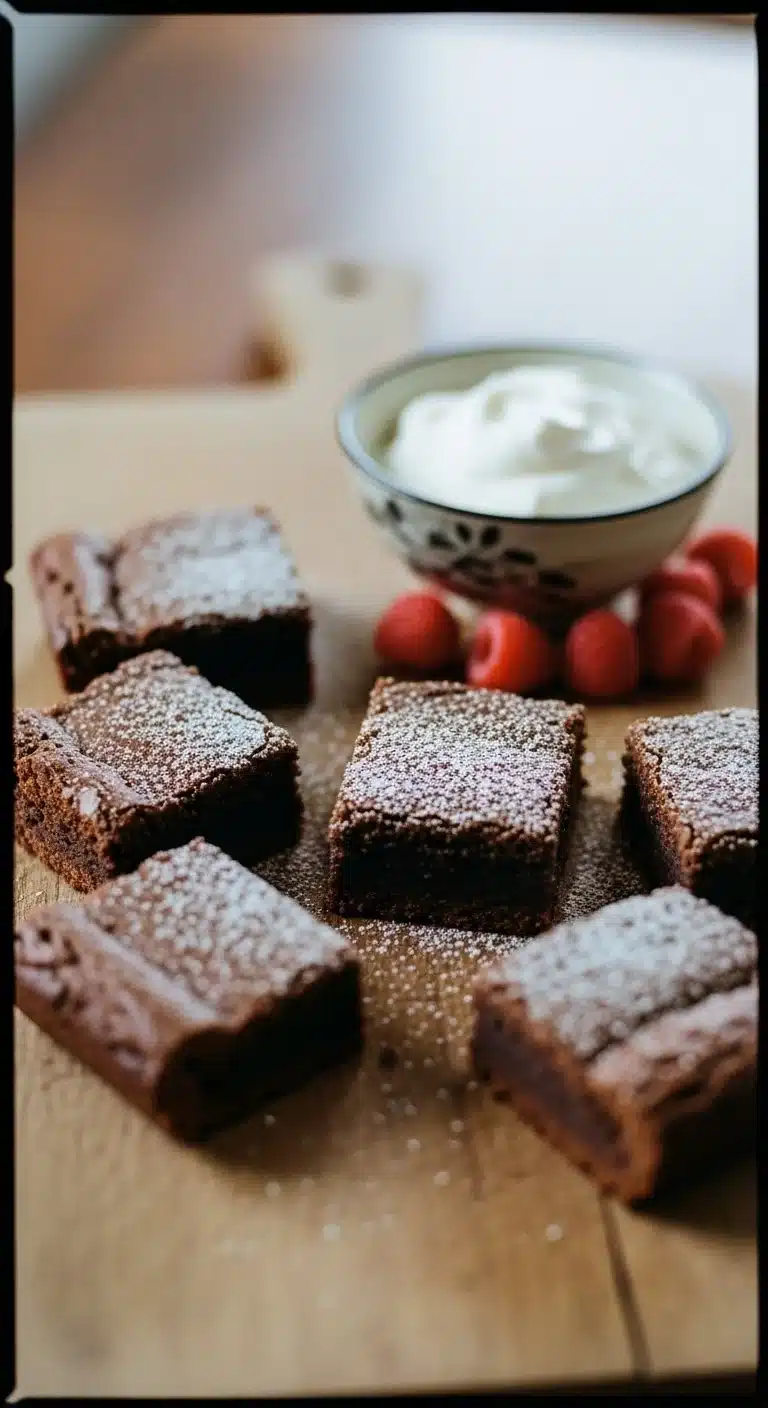 Flourless Greek Yogurt Brownies 1 Delicious flourless Greek yogurt brownies on a wooden table