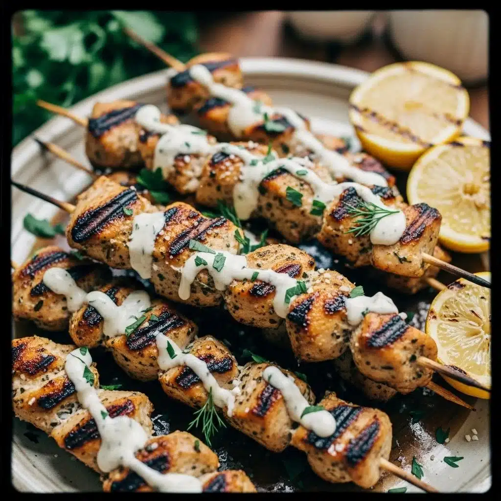 Grilled Ranch Garlic Parmesan Chicken Skewers 1 Grilled ranch garlic parmesan chicken skewers on a platter.