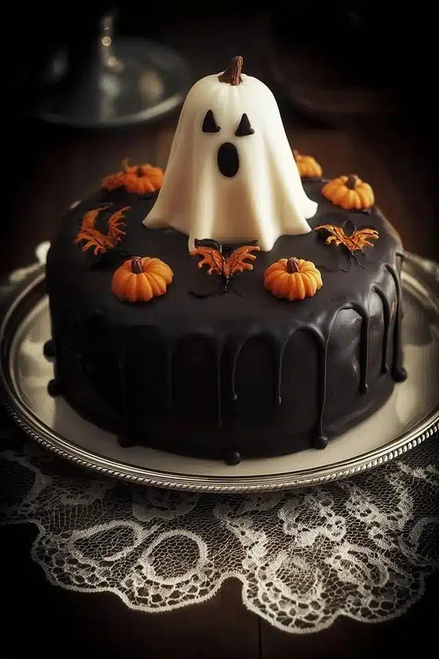 Halloween Cake 1 Spooky Halloween Cake decorated with bats, pumpkins, and ghosts for a festive celebration