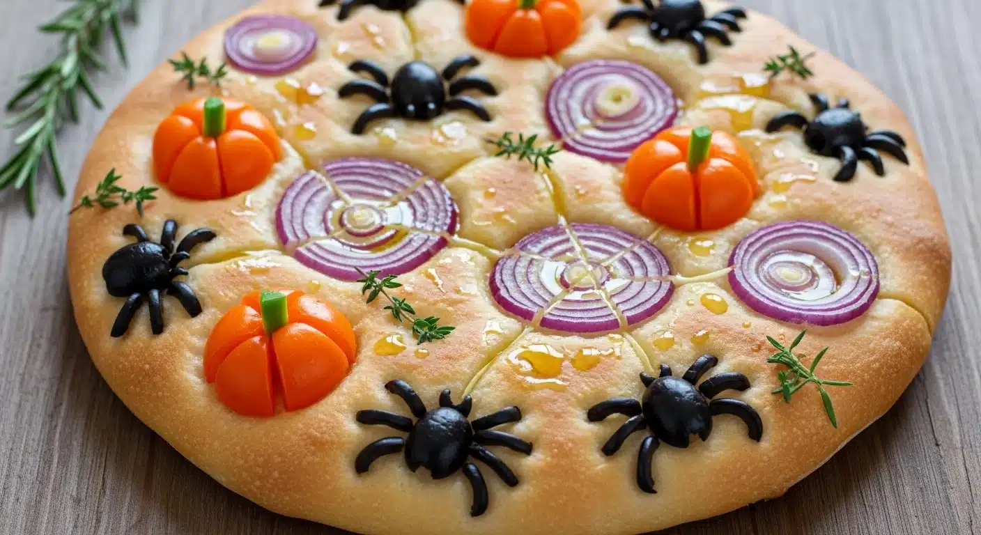 Halloween focaccia art topped with spooky vegetables