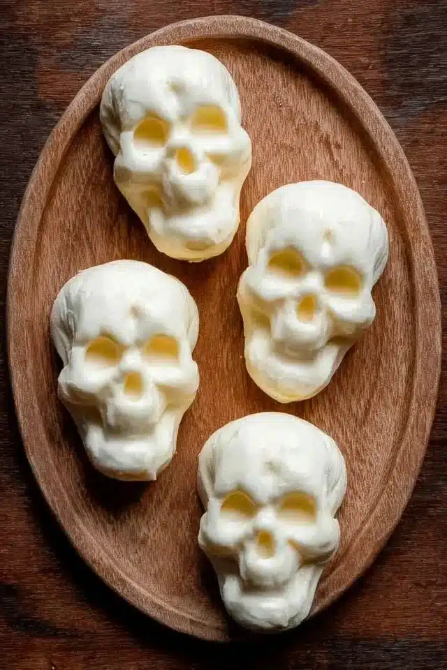 Halloween Mozzarella Skulls for Spooky Charcuterie Boards 1 Halloween mozzarella skulls crafted for a spooky charcuterie board