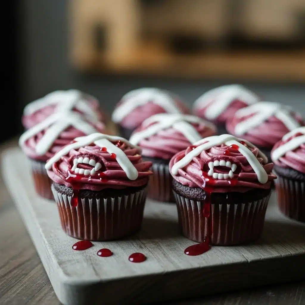 Halloween Vampire Bite Cupcakes 1 Halloween vampire bite cupcakes with red filling and spooky decoration.