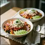 High-Protein Chicken Enchilada Bowls 3 High-protein chicken enchilada bowl garnished with cilantro and fresh toppings