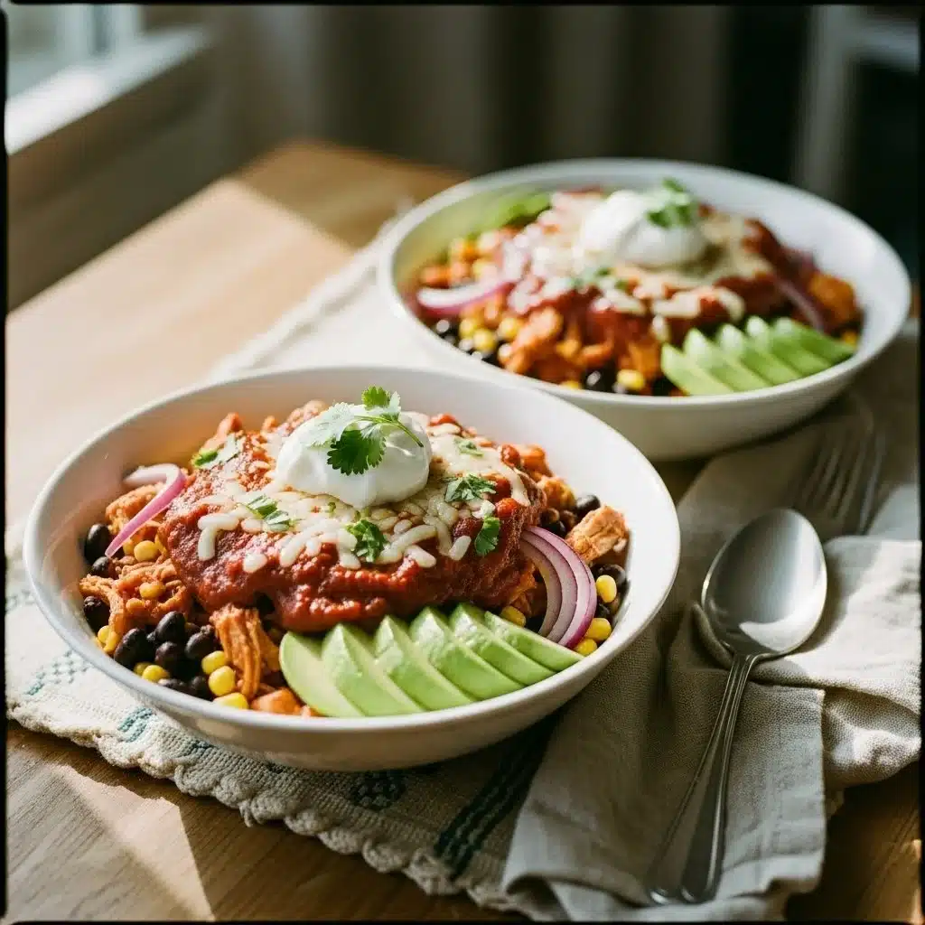 High-Protein Chicken Enchilada Bowls 2 High-protein chicken enchilada bowl garnished with cilantro and fresh toppings