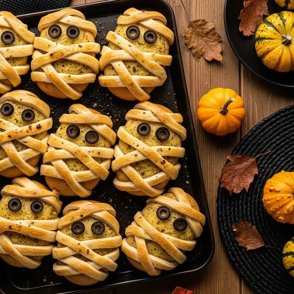 mummy garlic bread recipe with olive eyes and melted cheese