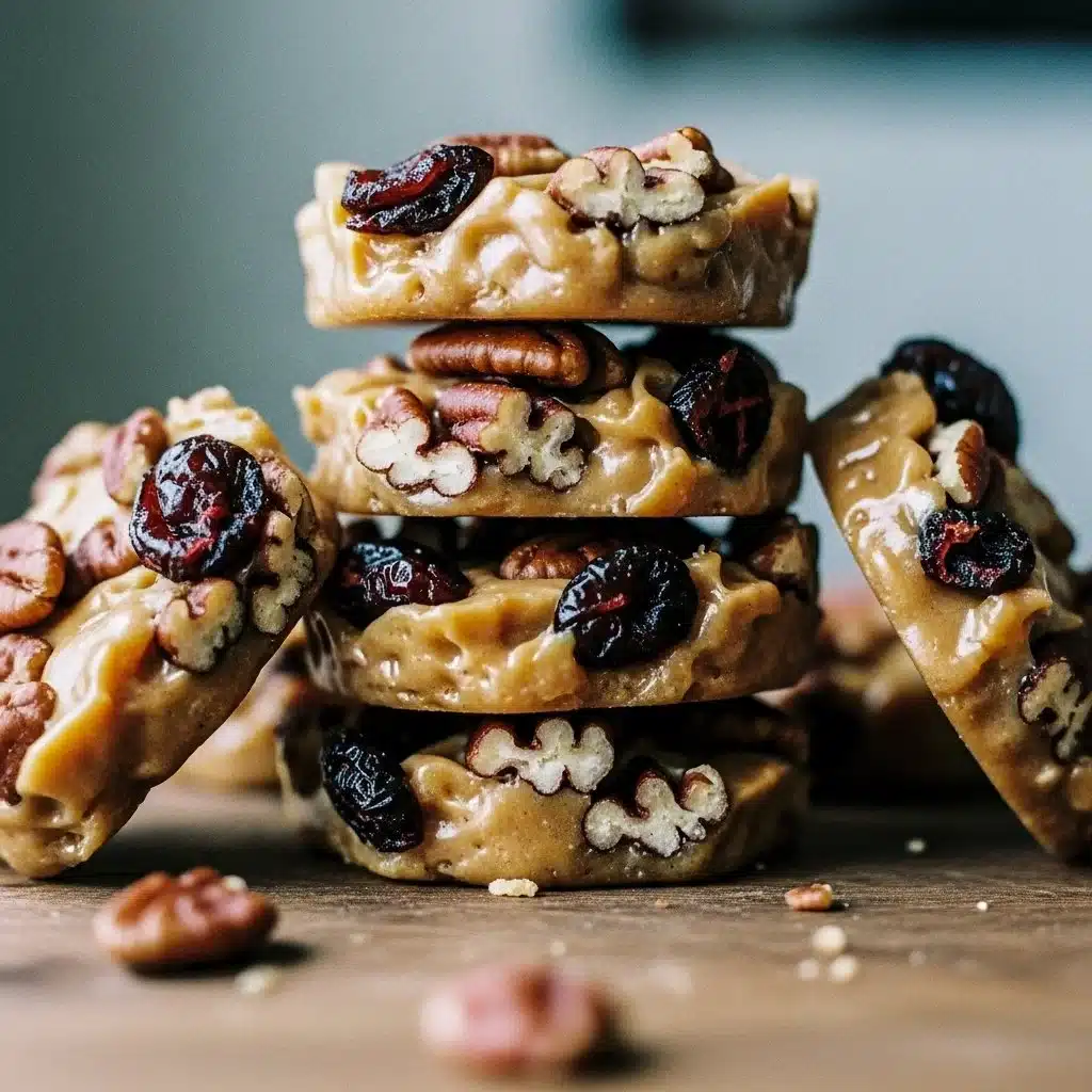 No-Bake Cranberry Pecan Praline Cookies 1 No-bake cranberry pecan praline cookies on a decorative plate
