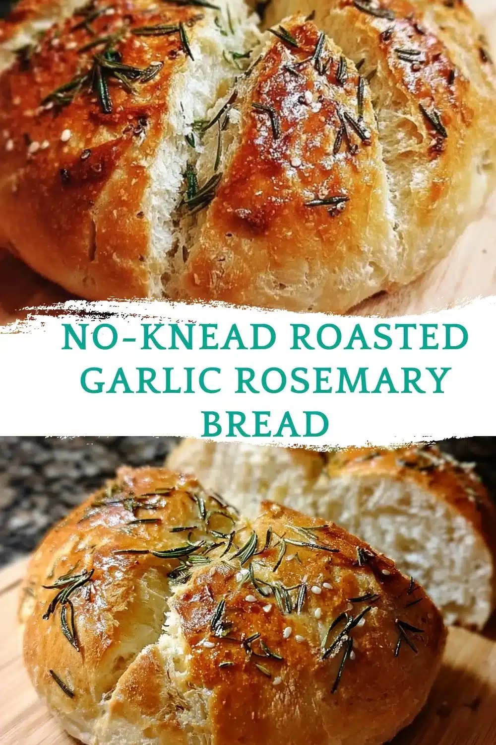 No-Knead Roasted Garlic Rosemary Bread 1 Homemade no-knead roasted garlic rosemary bread loaf on a wooden table