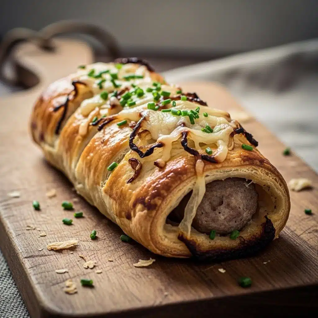 Delicious savory French onion sausage rolls on a plate.