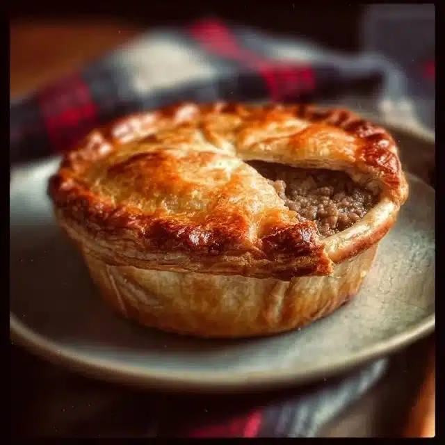 Classic Scotch Pie Recipe , Hearty, Savory & Irresistibly Scottish 1 Traditional Scotch Pie filled with minced meat, a Scottish culinary delight.