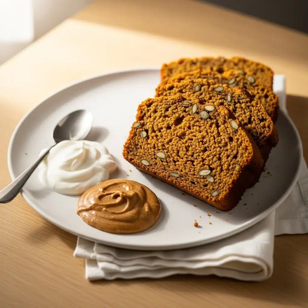 High-Protein Pumpkin Bread , Moist, Healthy & 10g+ Protein 11 Sliced protein pumpkin bread with toppings on a breakfast plate