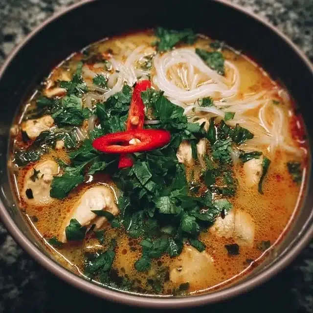 Simple Thai Chicken Soup for Busy Nights 1 Bowl of simple Thai chicken soup garnished with herbs and lime