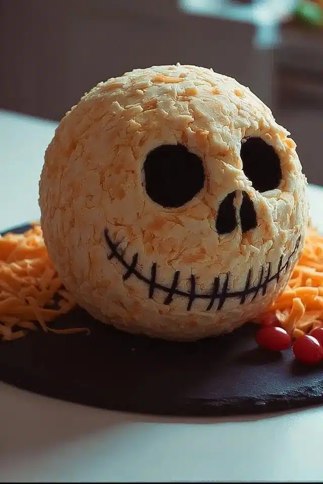 Skellington Cheese Ball Appetizer 1 Skellington cheese ball appetizer for Halloween celebrations.