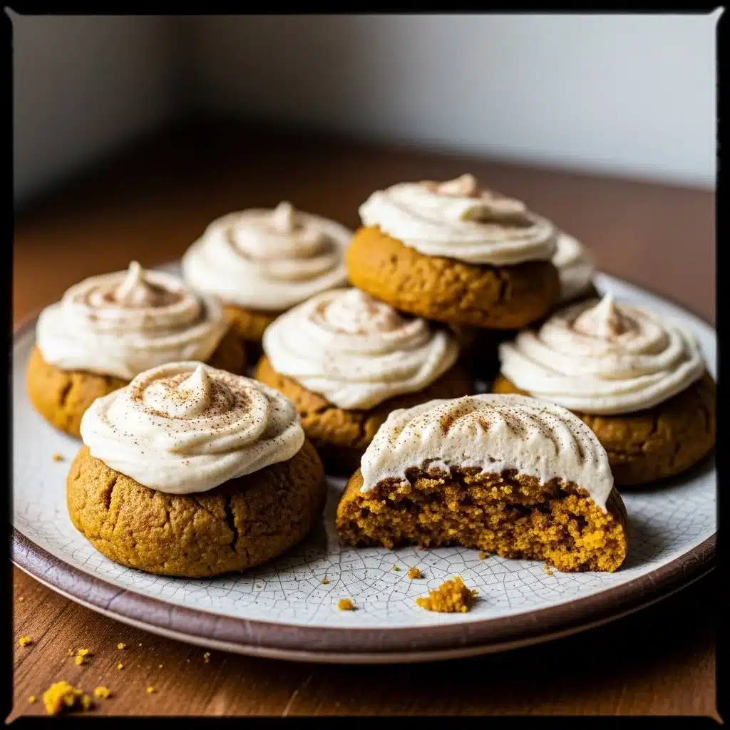 Soft pumpkin cookies with cinnamon frosting on a wooden table