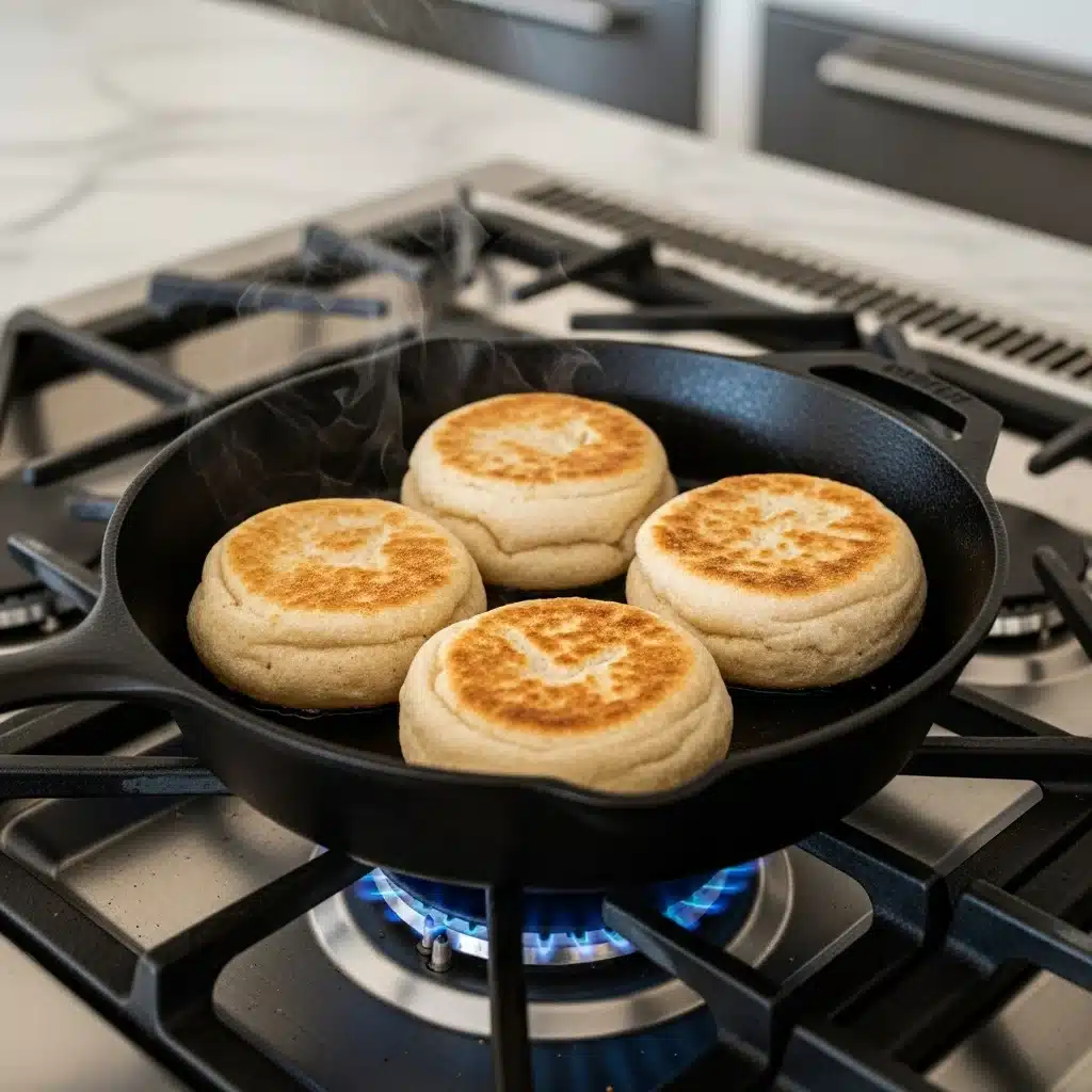 Sourdough English Muffin Recipe , 5 Secrets to Irresistible Flavor 9 Sourdough English muffins cooking in skillet