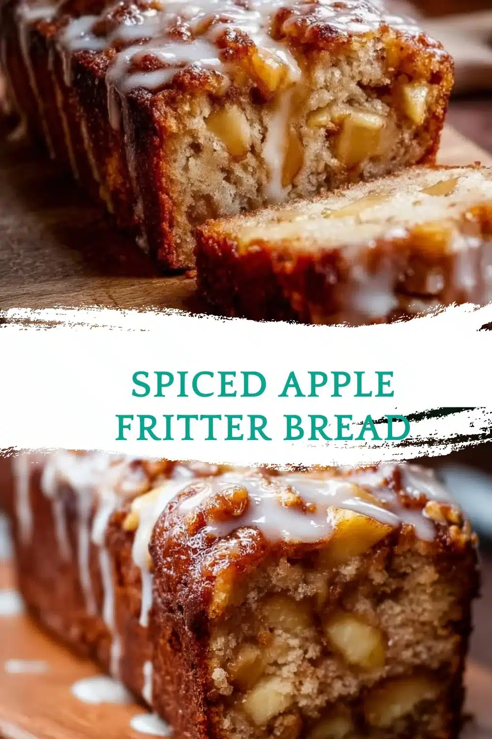 Spiced Apple Fritter Bread 1 Freshly baked spiced apple fritter bread with chunks of apple and a sprinkle of cinnamon.