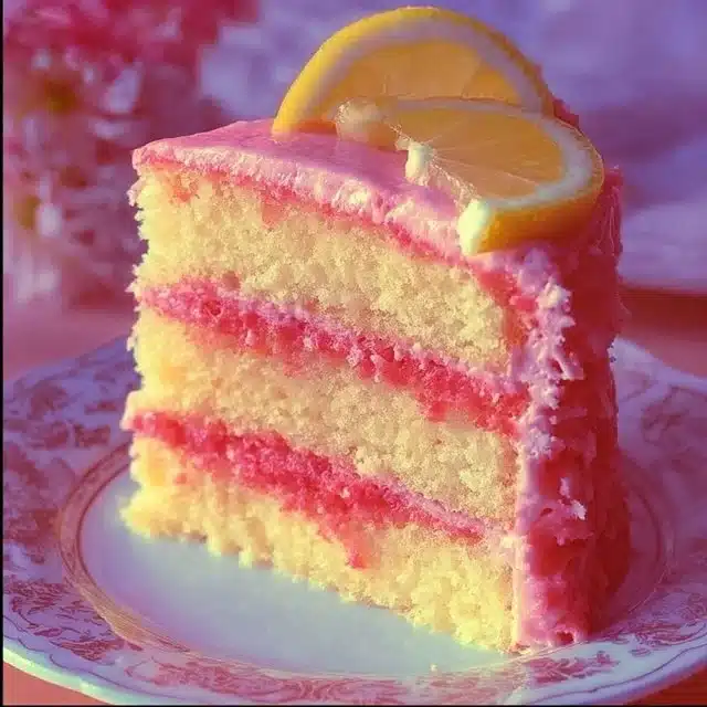 Sweet & Tart Pink Lemonade Layer Cake 1 Slice of sweet and tart pink lemonade layer cake with decorative frosting and lemon slices