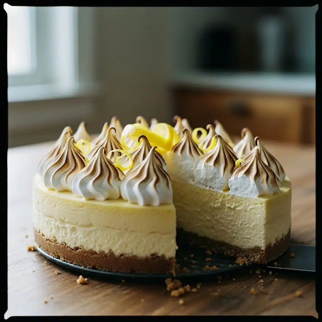 Triple Lemon Meringue Cheesecake 1 Triple Lemon Meringue Cheesecake topped with fresh lemon slices and meringue