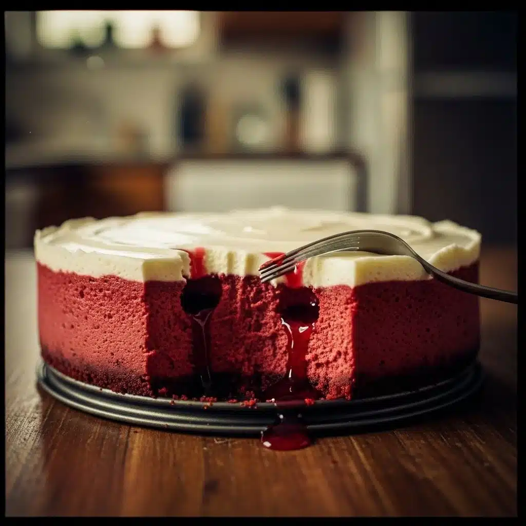Vampire Bite Red Velvet Cheesecake dessert with dark chocolate drips and red velvet layers