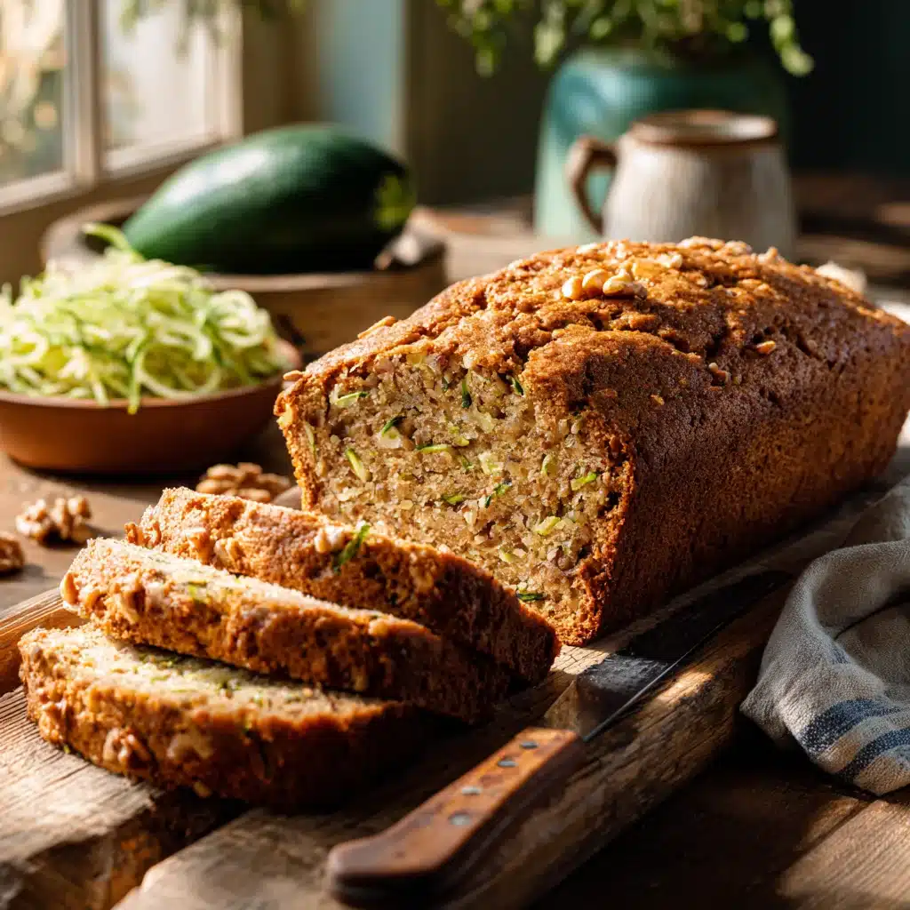 Easy Zucchini Bread Recipe – 7 Simple Steps to a Moist Loaf 3 Freshly baked zucchini bread loaf with slices on a wooden table, showing moist texture and walnuts inside.