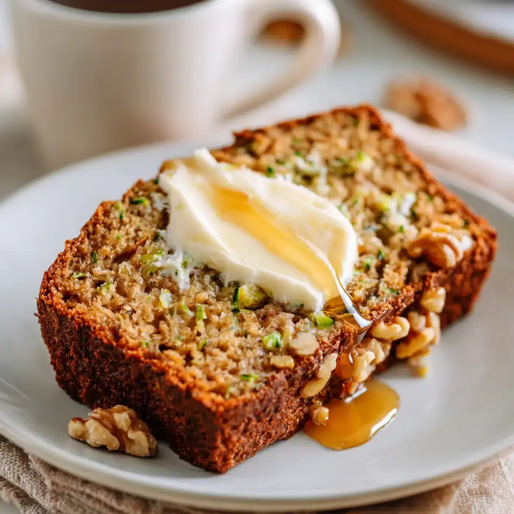 Easy Zucchini Bread Recipe – 7 Simple Steps to a Moist Loaf 4 Close-up of a zucchini bread slice on a plate with butter and honey drizzle.