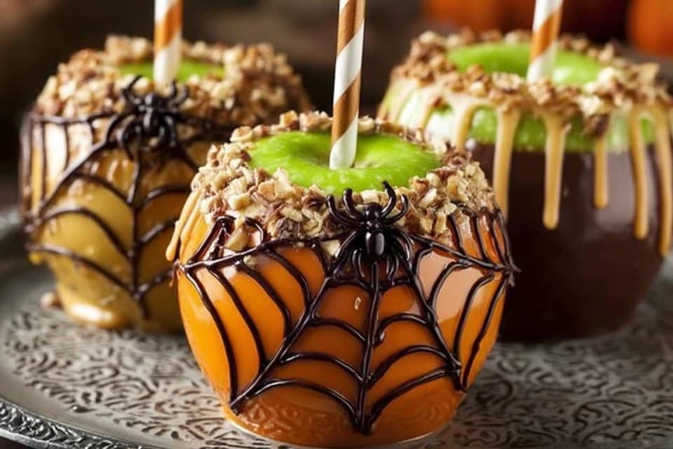 Easy Halloween Spiderweb Caramel Apples