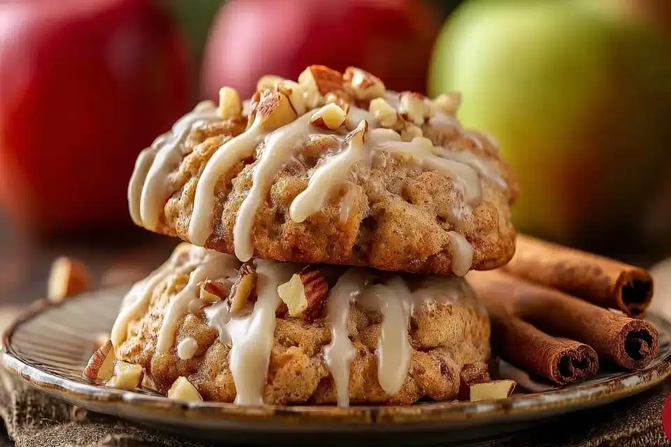 Delicious apple cookies drizzled with maple icing, perfect for fall desserts.
