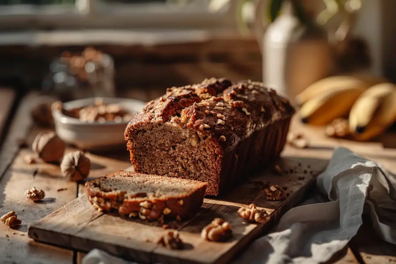 Freshly baked moist banana bread loaf on a rustic wooden table
