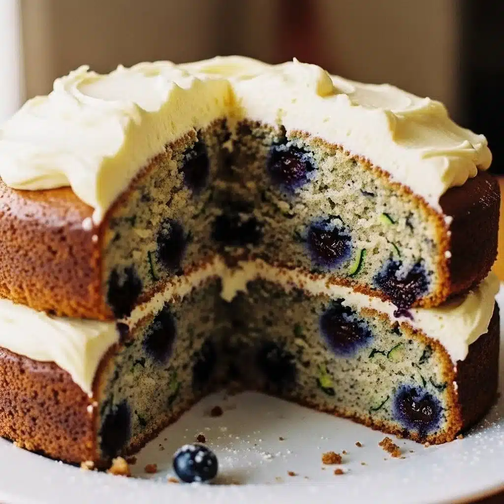 Blueberry zucchini cake with lemon buttercream frosting on a white plate