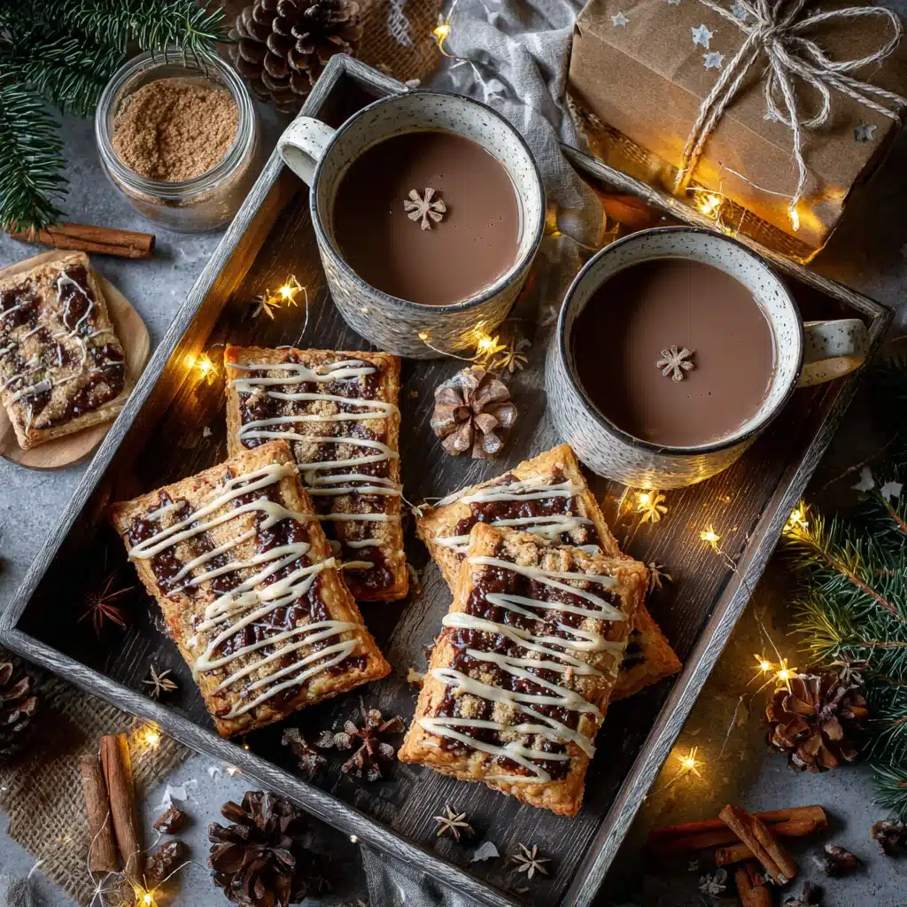 Brown sugar pop tart cookies on a holiday tray with hot cocoa and festive decorations.