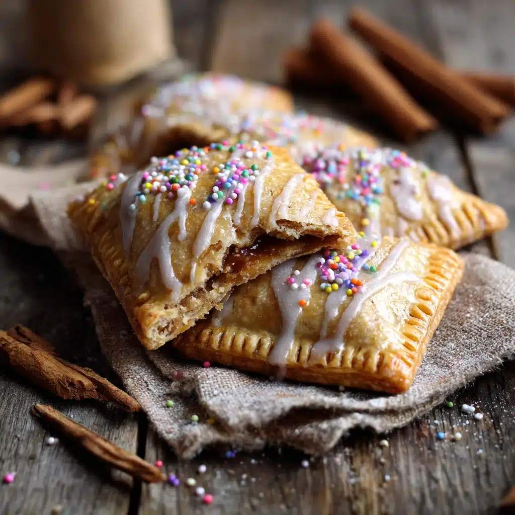 Overhead view of brown sugar pop tart cookies with icing and sprinkles on a rustic wooden table.