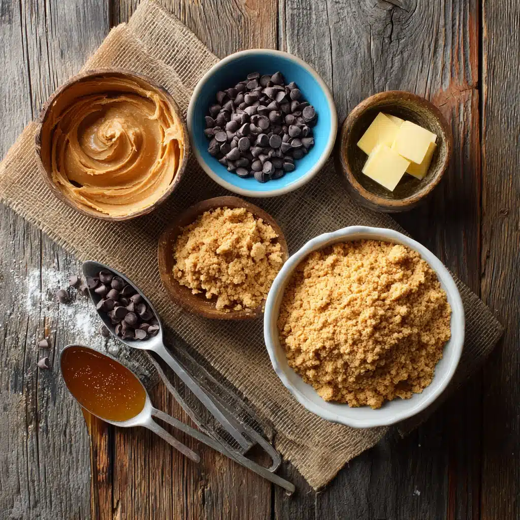 Buckeye Graham Crackers – 7-Step Irresistible No-Bake Bliss 5 Ingredients for Buckeye Graham Crackers laid out on wooden surface