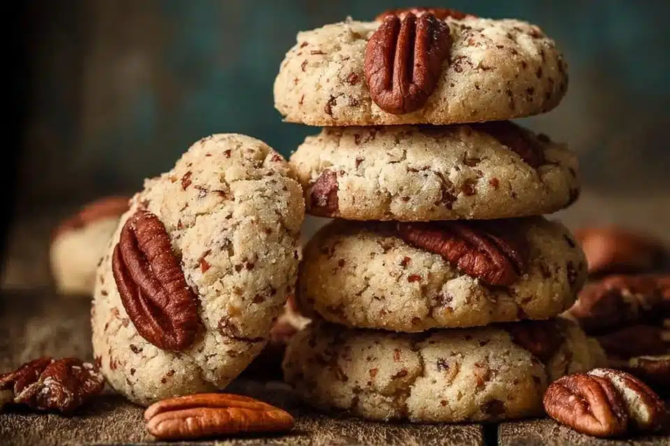 Delicious Butter Pecan Cookies made from cake mix with nuts and chocolate drizzles.