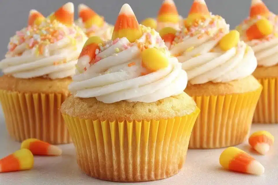 Candy Corn Cupcakes topped with fluffy Marshmallow Frosting