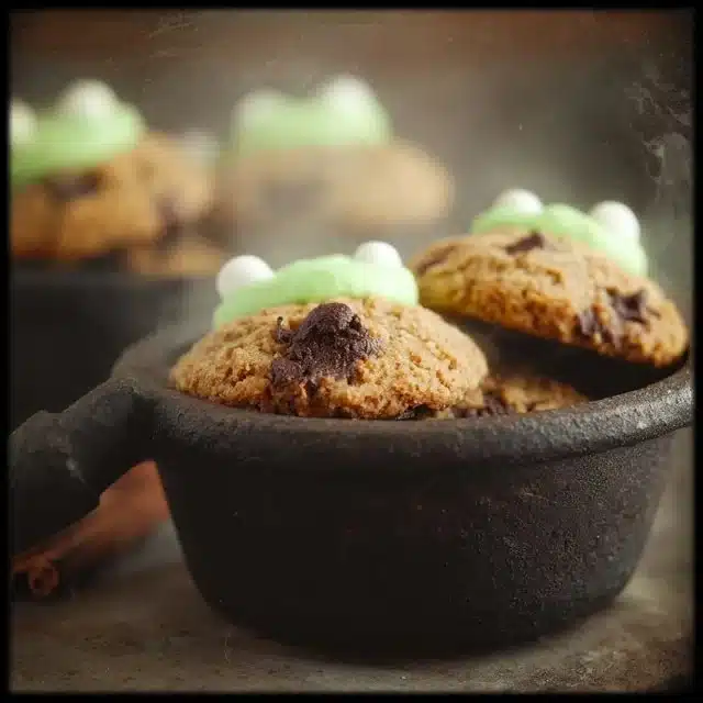 Freshly baked Cauldron Cookies on a rustic plate