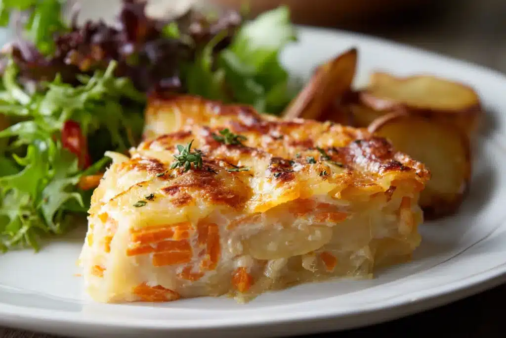 Serving Cheesy Root Vegetable Gratin with salad