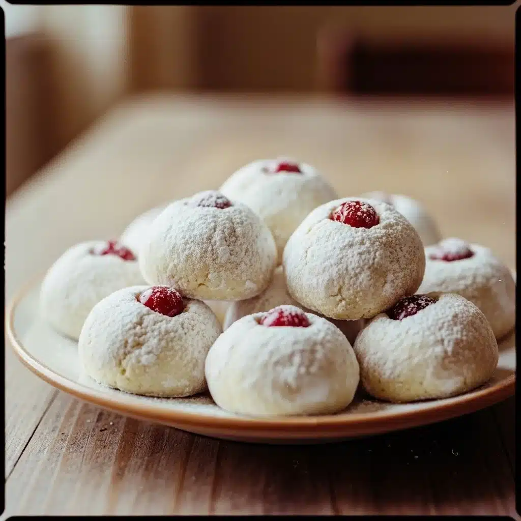 Batch of Cherry Snowball Cookies dusted with powdered sugar on a baking tray